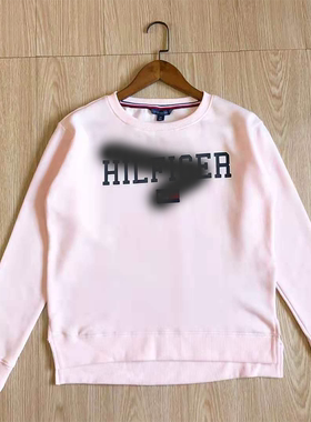 不褪换 美国订单TH春秋女圆领套头加绒落肩长袖宽松休闲卫衣上衣