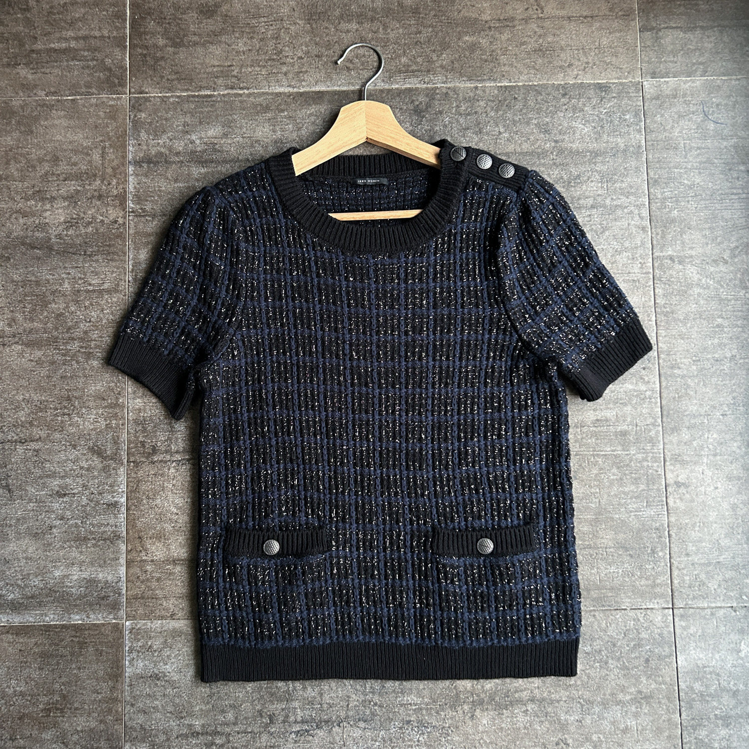 不褪换 千元级法国牌春秋女士纯棉圆领格子纽扣短袖针织衫线衣