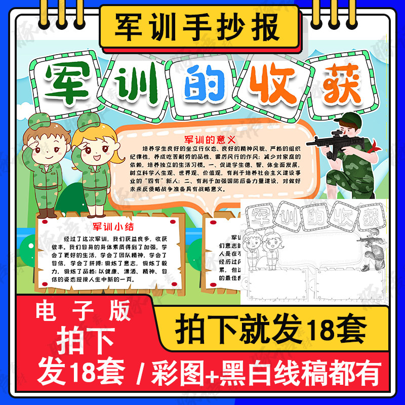 校园学生新生军训生活手抄报军训小报彩色电子小报线稿涂色模板