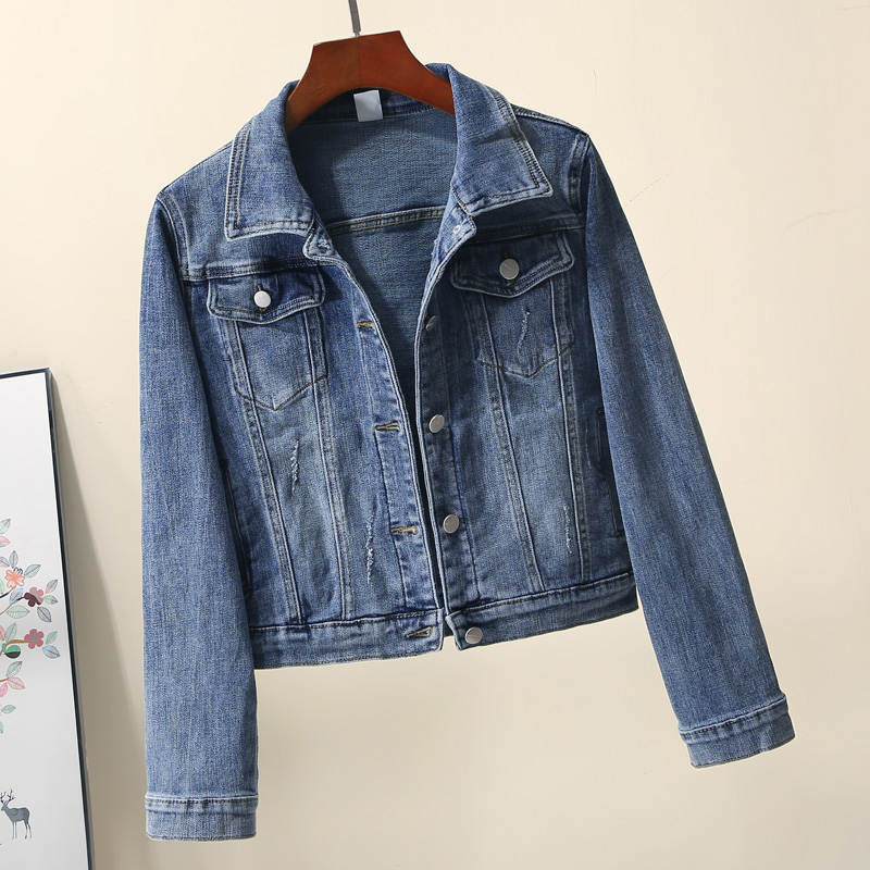 蓝色牛仔外套女2024春季新款韩版通勤短款百搭时尚弹力显瘦牛仔衣