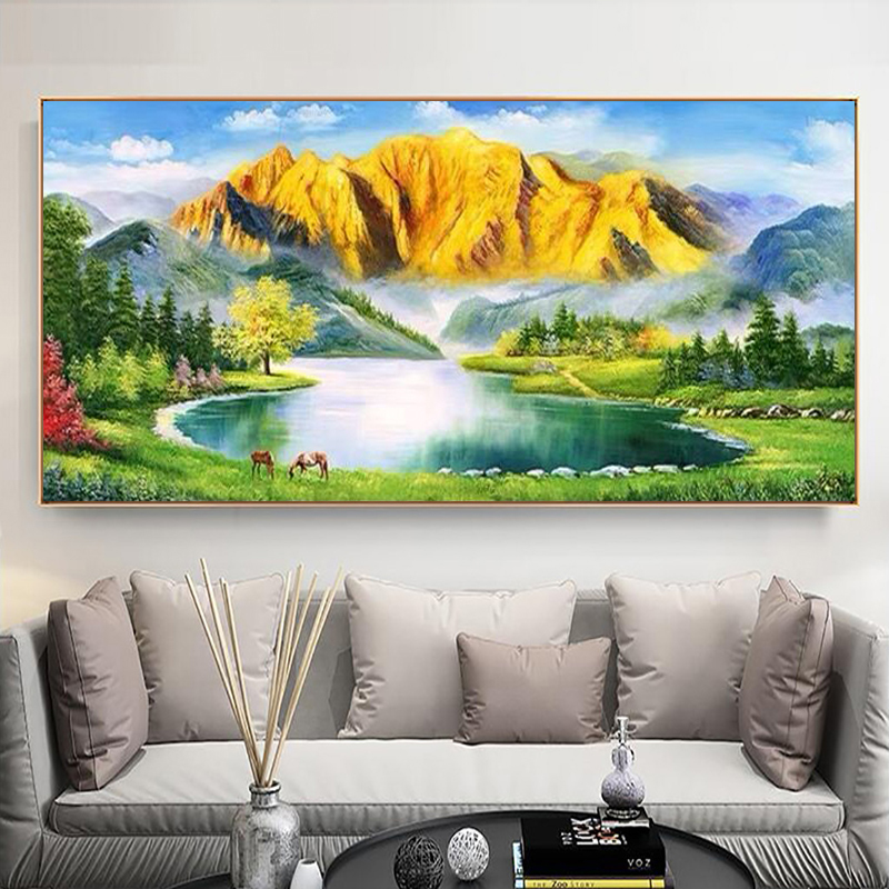 5d钻石画满钻新款客厅背有靠山风景山水画书房点贴钻十字绣钻石绣