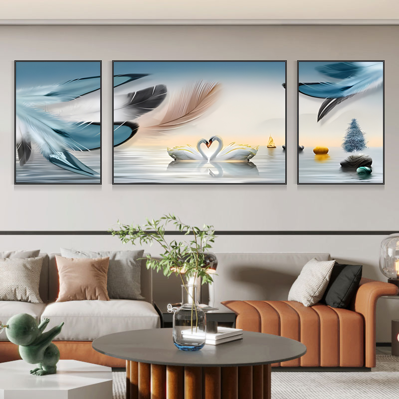 幸福美满三联钻石画2025新款羽毛天鹅手工点钻十字绣现代轻奢客厅