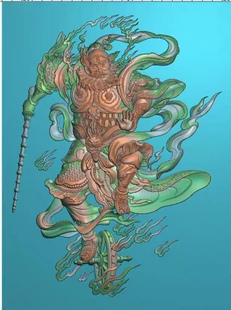 火神王灵官神仙人物精雕图风火轮王天君佛像牙骨玉雕浮雕图灰度图