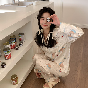 高级感冰丝睡衣女2024年新款春夏秋款波点熊薄丝滑长袖家居服套装