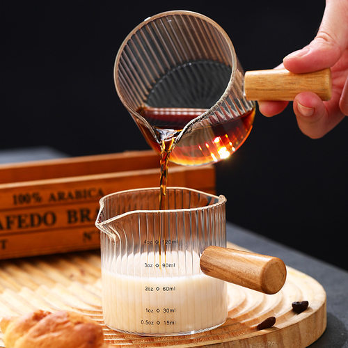 木把双嘴玻璃小奶盅咖啡萃取量杯浓缩意式咖啡杯带刻度奶缸盎司杯