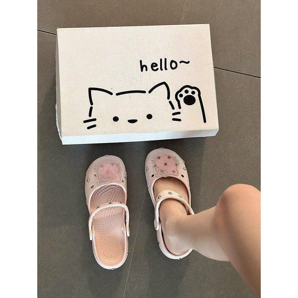 日本代购卡通猫咪图案浅口洞洞鞋女夏新款厚底玛丽珍休闲鞋可爱风
