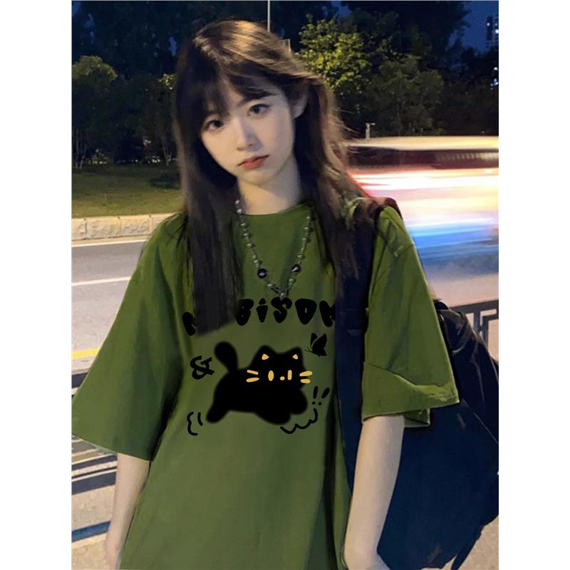 正版军绿色纯棉短袖t恤女夏季卡通猫咪宽松小个子美式高街上衣潮