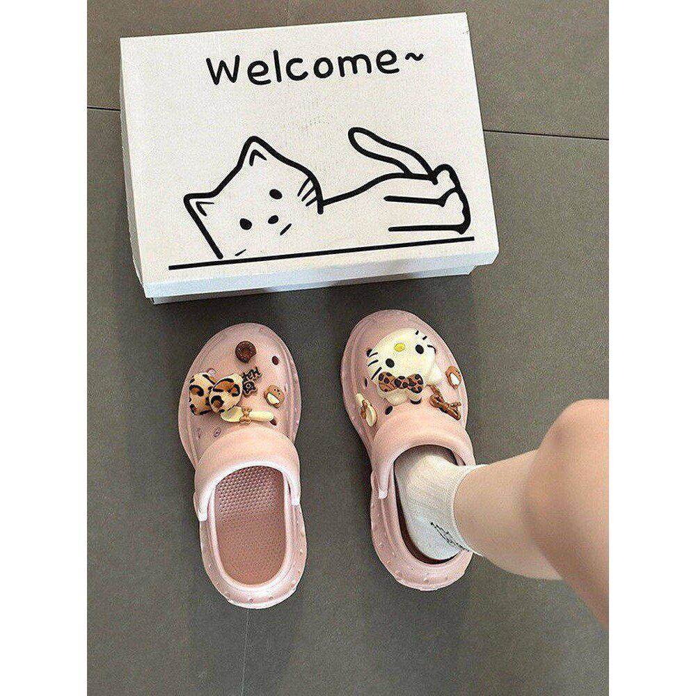 日本代购可爱豹纹猫咪两穿洞洞鞋女夏季新款卡通厚底防滑外穿凉鞋