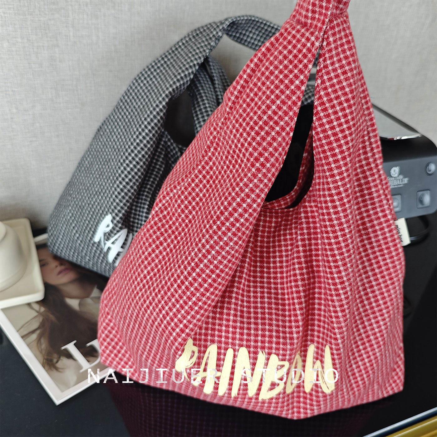 日本代购格子春秋新款设计师简约印花条纹帆布包女ins百搭单肩包