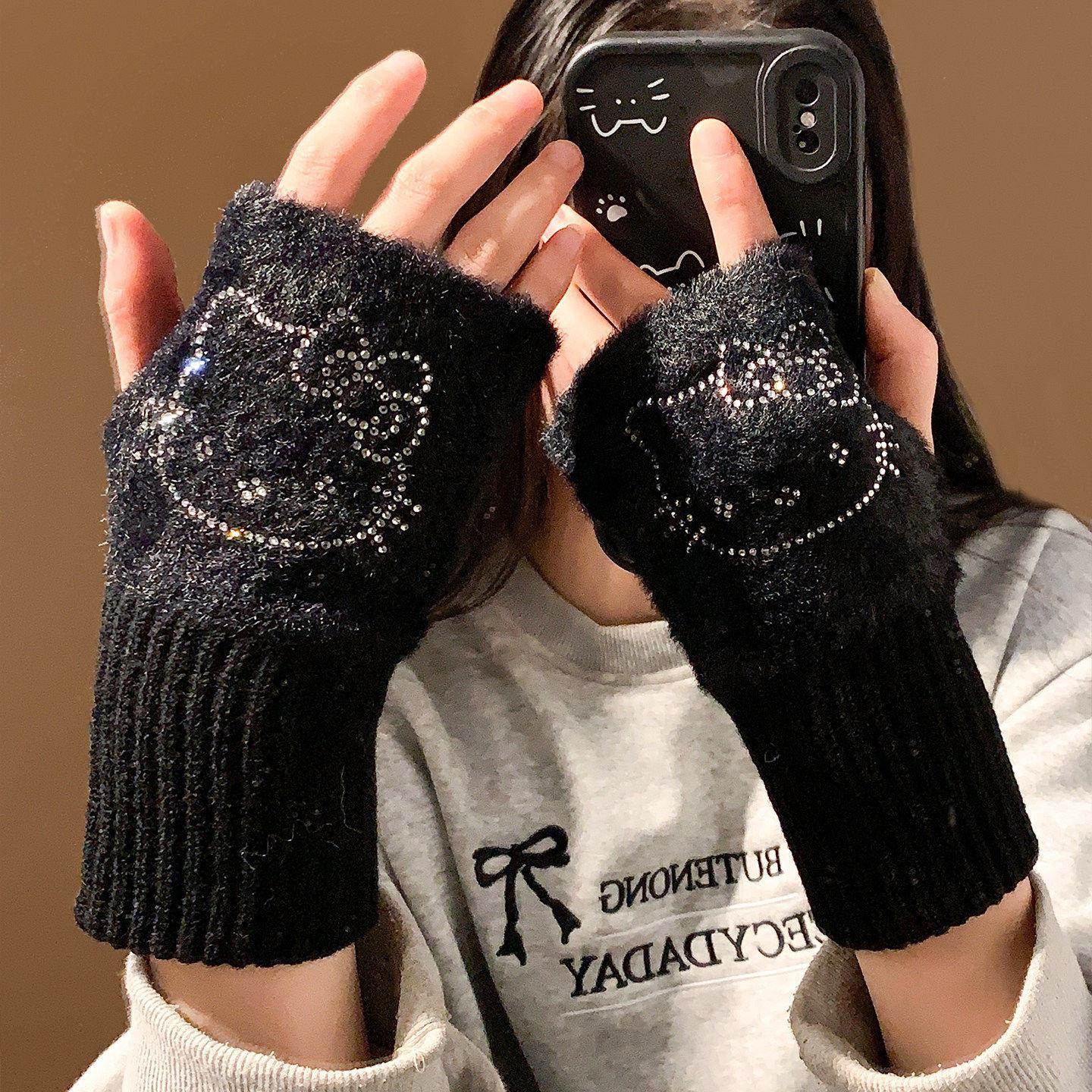 日本正版可爱Kitty毛绒半指手套女冬季加绒保暖触控屏幕写字防寒