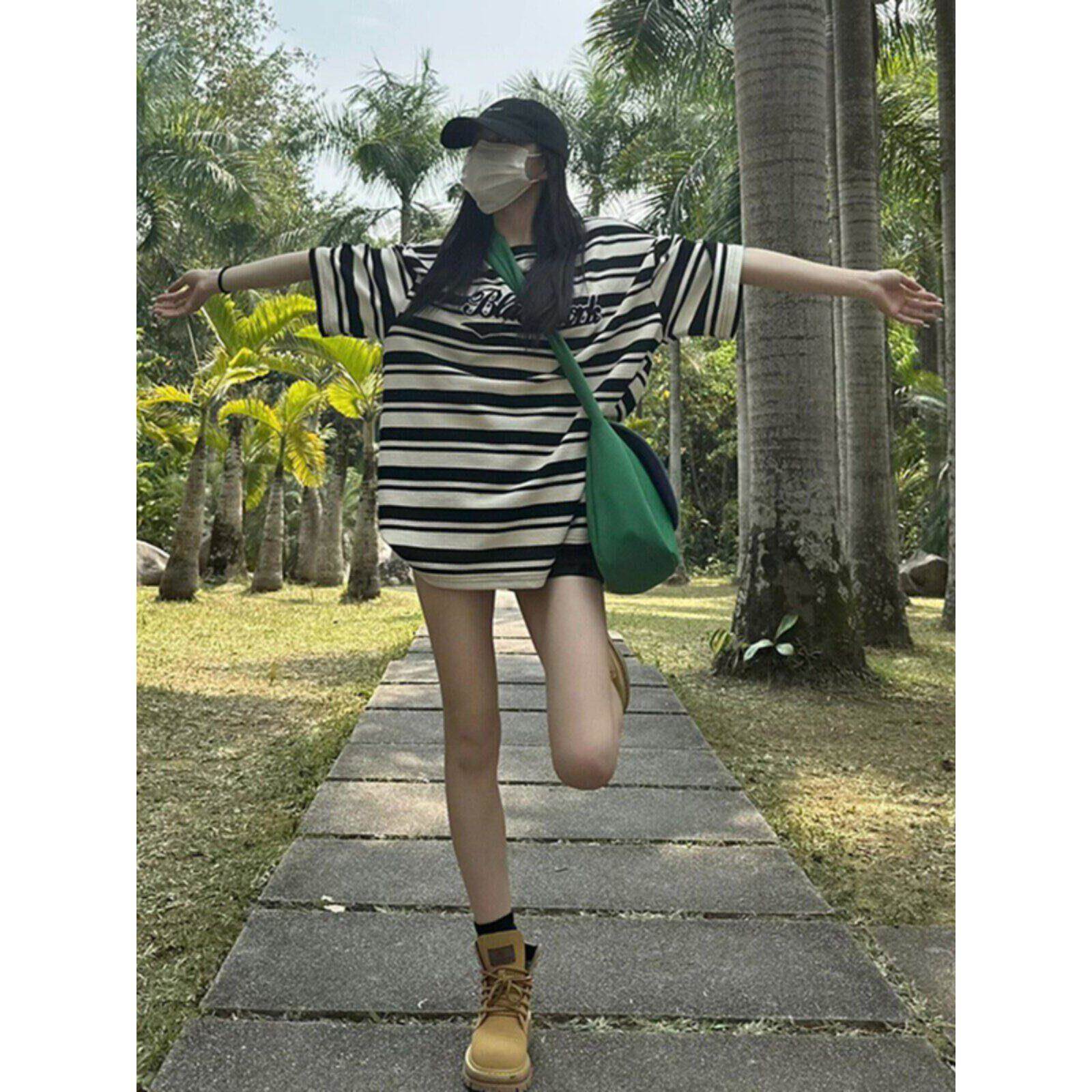 日本正版黑白撞色条纹短袖女夏季美式oversize宽松慵懒风半袖上衣