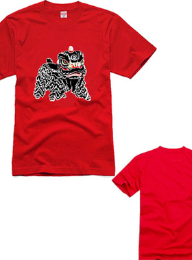 红色佛装狮 狮子舞狮醒狮队南狮lion dance 短袖速干T恤衣服