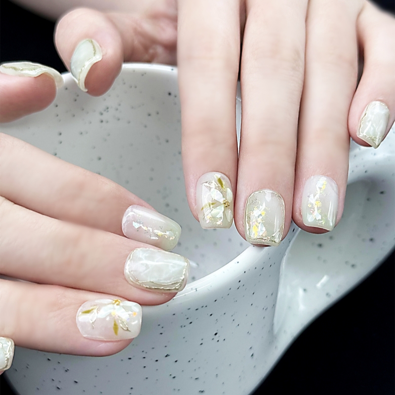 指朴fingerbook同款 雅韵 显白配旗袍纯手工美甲奶油绿云锦穿戴甲