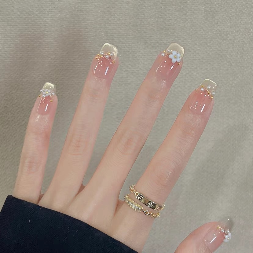 指朴fingerbook同款  温柔粉金猫眼法式小花手工穿戴甲