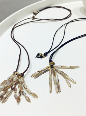 2025秋冬新款复古奢华圆柱形长条贝壳麦穗皮绳可调节项链毛衣链饰