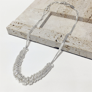 小众设计冷淡风银色螺纹多个金属圆圈多层次项链锁骨链颈链饰品新