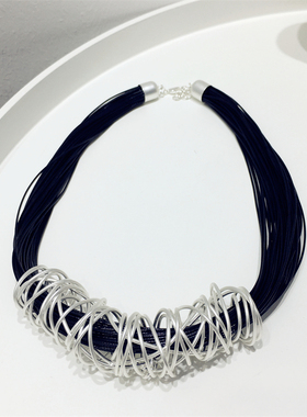 欧美夸张名族风金属编织不规则U形多层次黑绳项链锁骨链颈链饰品