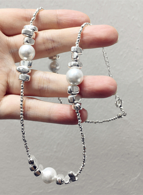 不规则金属方块人造珍珠项链