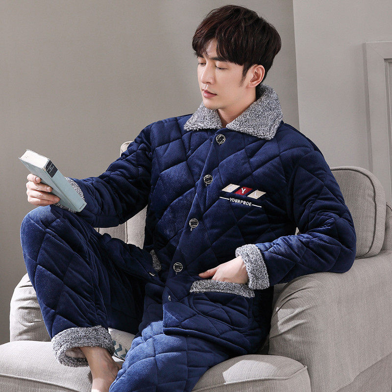 睡衣男秋冬季珊瑚绒加厚加绒保暖三层夹棉法兰绒可外穿家居服套装