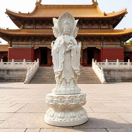 汉白玉三面观音佛像摆件大型寺庙户外景观石雕菩萨像定制