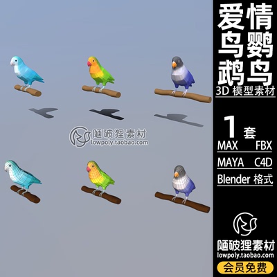 小鸟鸟类POLYGON鹦鹉爱情鸟Blender模型C4D卡通FBX MA MAX 3D素材