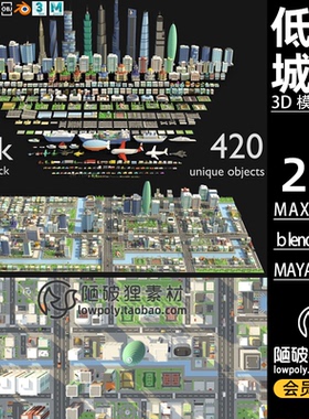 LowPoly卡通城市建筑楼汽车商店街道C4D模型MAX资产包U3D素材FBX