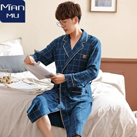 Mùa xuân và mùa thu nam áo choàng tắm dài đồ ngủ một mảnh mùa đông nam áo choàng dài cotton nhà áo ngủ - Night Robe đồ pijama nam