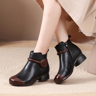 真皮单靴复古民族风女靴防滑舒适软底软皮女鞋中跟不累脚妈妈短靴