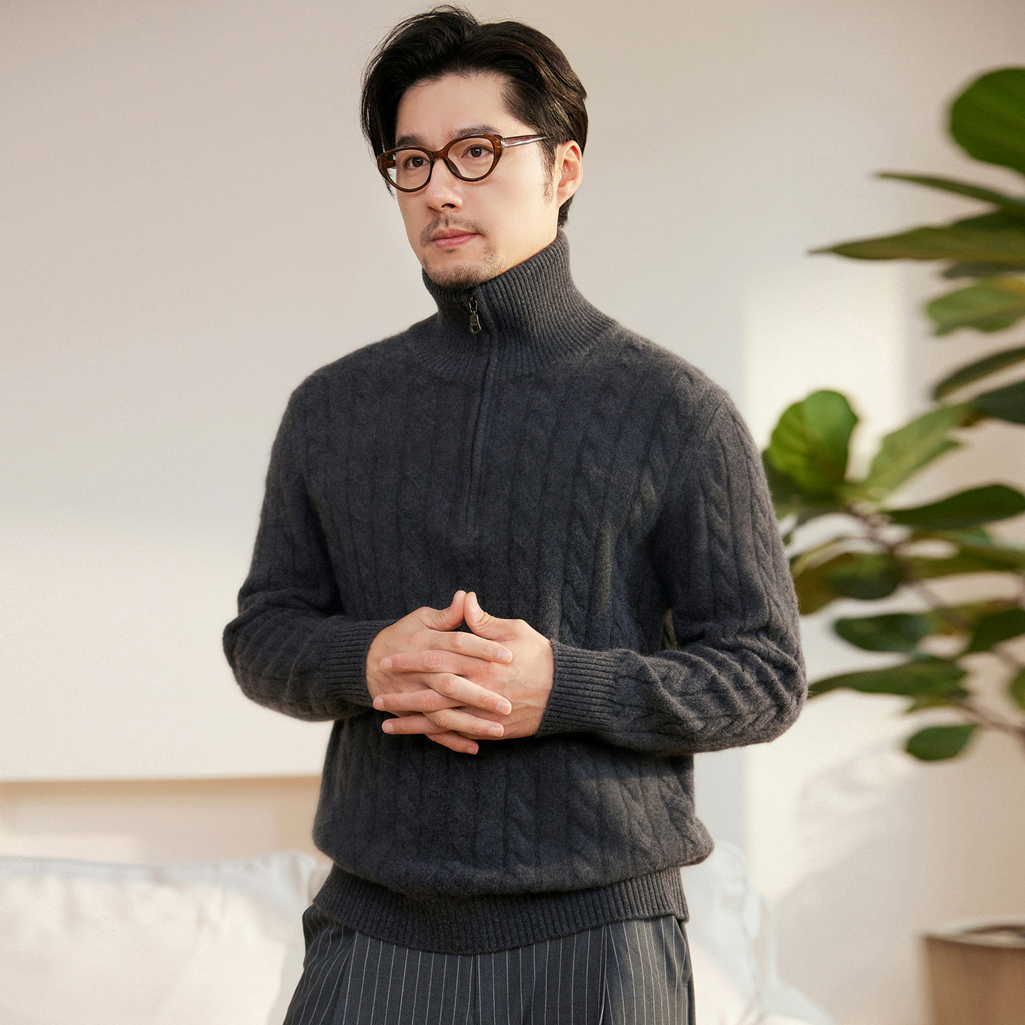 秋冬100%纯山羊绒立领针织毛衣男