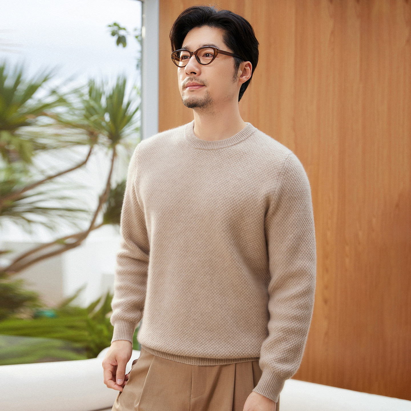 秋冬100%纯山羊绒圆领针织毛衣男