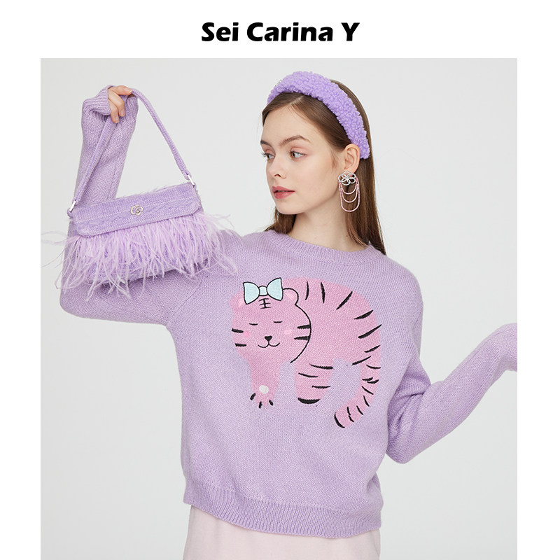 Sei Carina Y咪咪虎短款毛衣女可爱图案套头针织衫新款原创设计