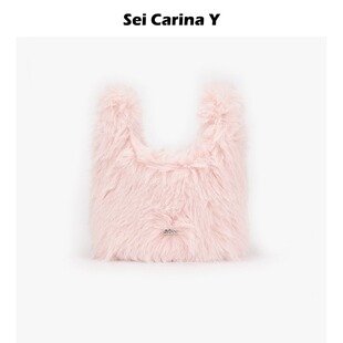 Sei Carina Y毛毛绒手提水桶包粉色可爱手提包女小众设计百搭秋冬