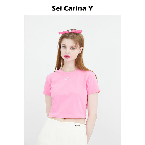 Sei Carina Y logo修身弹力纯色短袖T恤女新款夏季上衣小众短款
