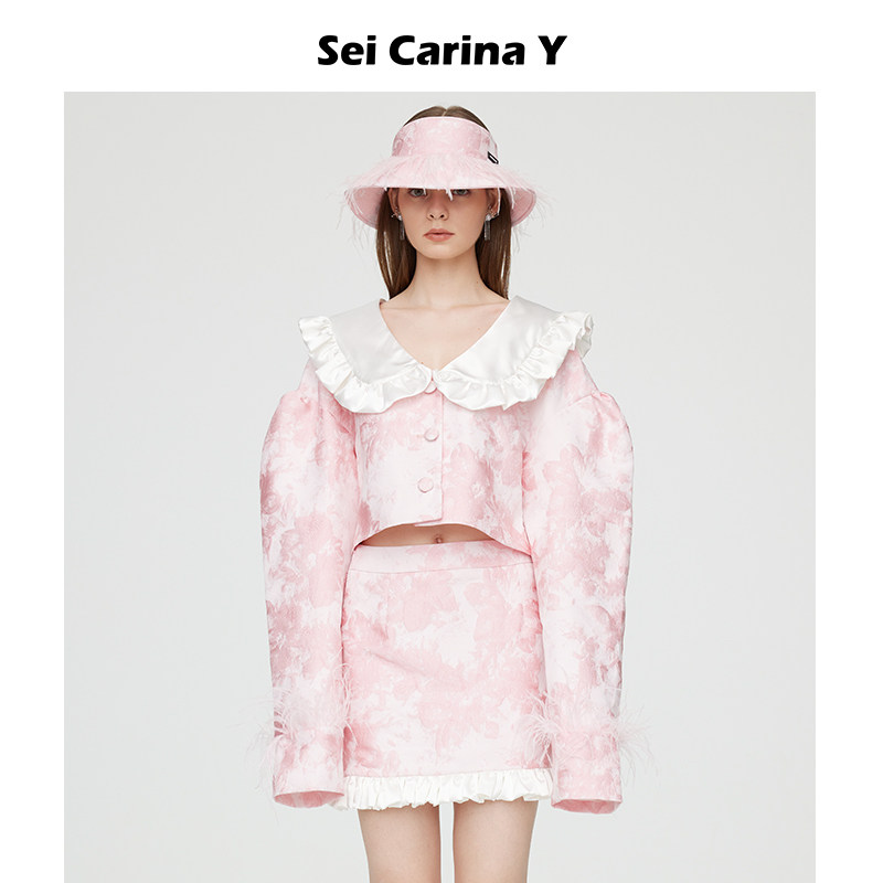 Sei Carina Y大娃娃领短款抽象印花上衣长袖甜美可爱荷叶边外套女图片