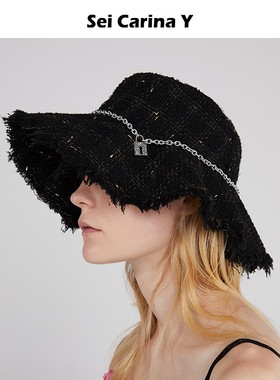 Sei Carina Y粗仿格子渔夫帽子女新款小众设计感链条格纹遮阳盆帽