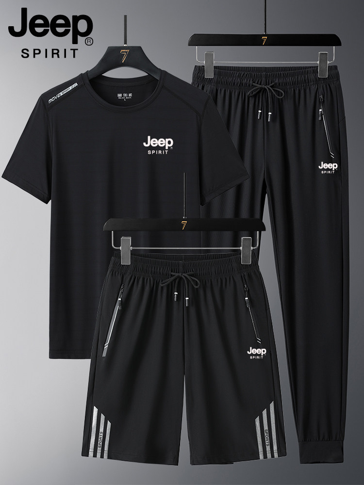 지프 아이스 실크 스포츠 정장 남성 여름 플러스 사이즈 아빠 캐주얼 긴 바지 반팔 티셔츠 속건성 3 피스 세트