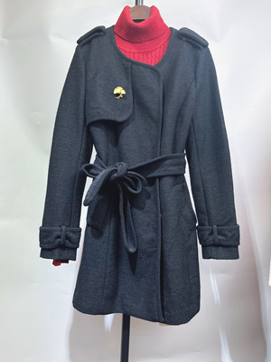 奥特品牌撤柜 黑色中长款高级感小个子系带羊毛毛呢外套大衣修身