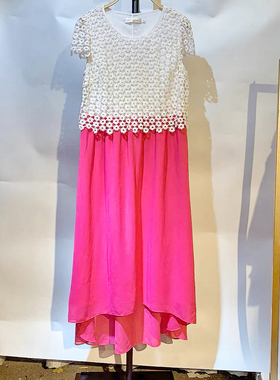 乔帛夏白色蕾丝拼接粉雪纺大码连衣裙修身显瘦长款优雅魅力清版