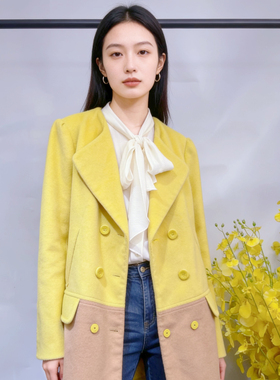 【帛逸】奥特撤柜秋冬羊毛呢子大衣撞色拼接OL风干练修身显瘦气质