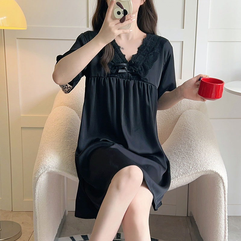 2026新款冰丝睡裙女短袖夏天清凉冰爽蕾丝花边甜美简约家居服睡衣