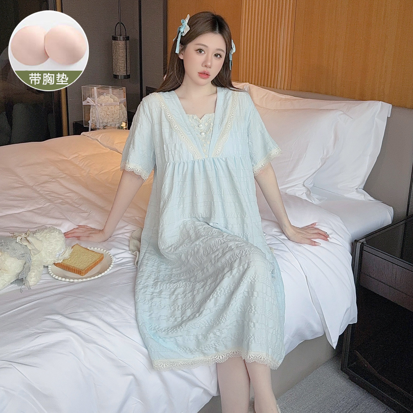 带胸垫睡裙女士夏季2025新款短袖公主风法式胖mm大尺码孕妇宽松睡