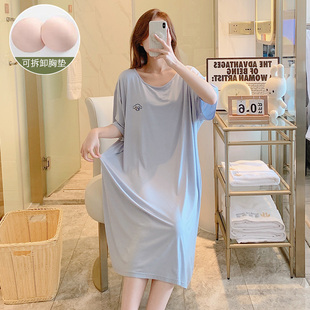 带胸垫睡裙夏季女款莫代尔冰丝薄款大尺码200斤夏天睡衣孕妇洋装