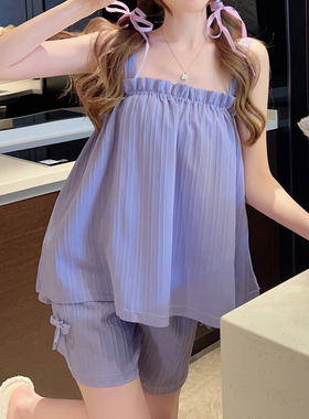 0514r吊带睡衣女夏天棉甜美可爱少女紫色小个子家居服夏季两件套