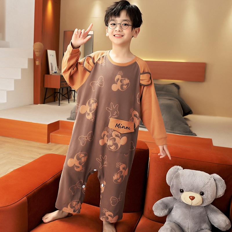 CHILDRENS PAJAMAS FOR BOYS ONE-PIECE SPRING AND AUTUMN COTTON BOYS LONG SLEEVES ONE-PIECE DINOSAUR BABY BIG CHILDRENS LOUNGEWEAR