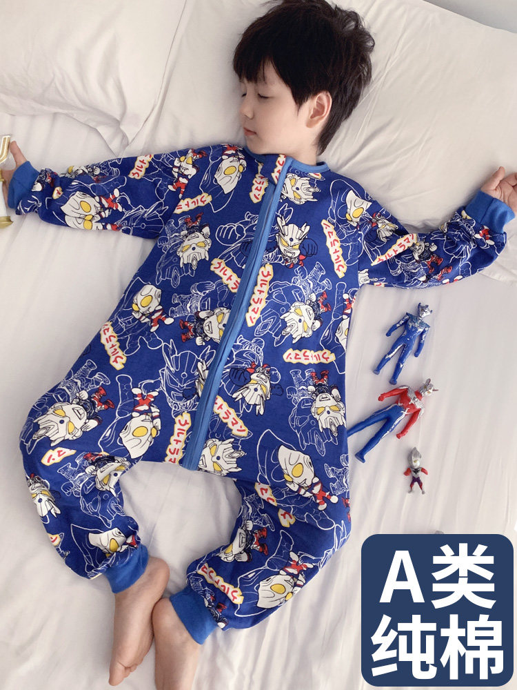 CHILDRENS LONG-SLEEVED PAJAMAS TO PREVENT COLD COTTON BOYS ONE-PIECE SLEEPING BAGS BABY BOYS THIN ALL-SEASON UNIVERSAL ULTRAMAN