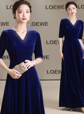 大合唱团演出服女蓝色艺考独唱朗诵表演服装主持人丝绒晚礼服长裙