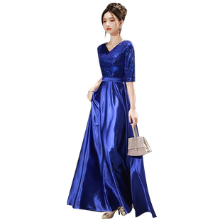 蓝色V领大合唱团演出主持舞台比赛表演服装礼仪女成人晚礼服长裙
