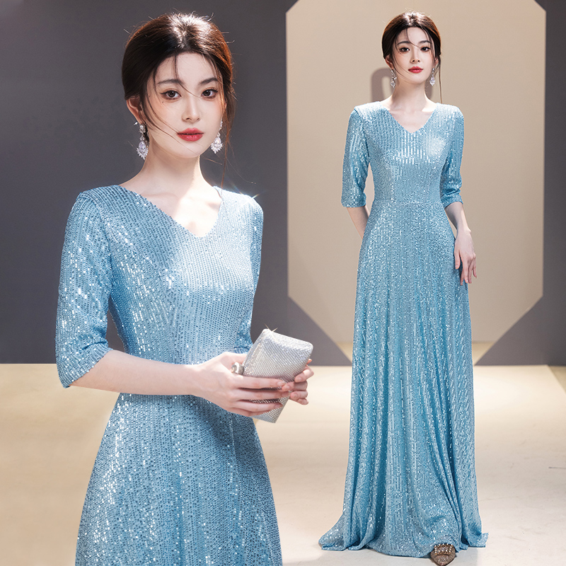 大合唱团演出服亮片女2024新款宴会主持人朗诵成人晚礼服装长裙