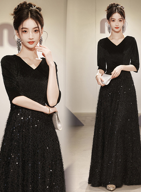 黑色大合唱团演出服女主持指挥舞台比赛宴会表演成人晚礼服装长裙