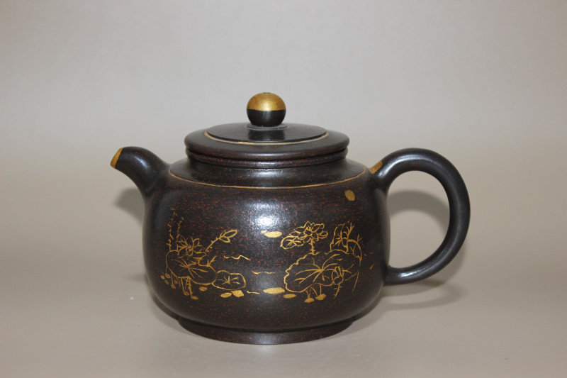名家大师陈国良纯手工老紫砂壶宜兴原矿紫泥黑金刚鎏金山水泡茶壶
